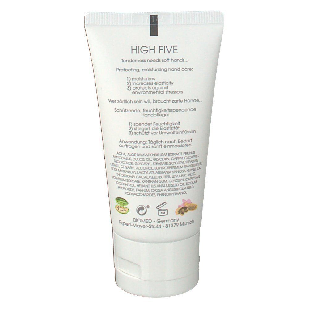 Rückseite einer Tube BIOMD High Five Handcreme, 50 ml, mit Inhaltsstoffen und Anwendungshinweisen.
