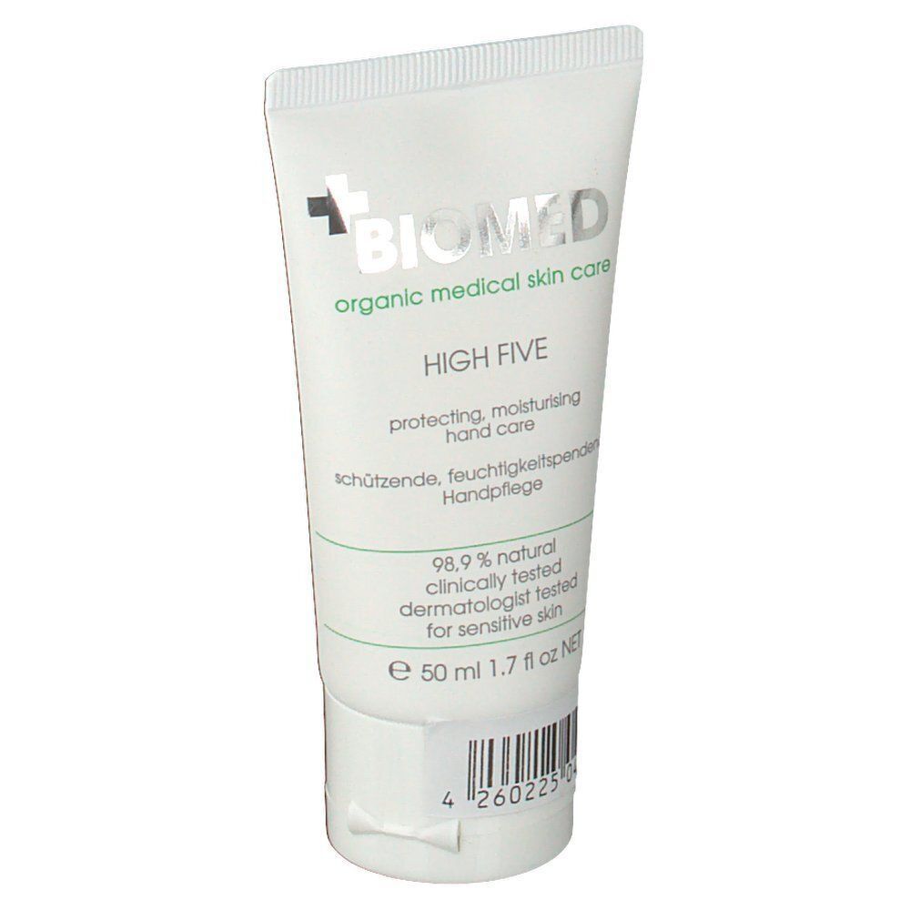 Tube BIOMD High Five Handcreme, 50 ml, mit Barcode.