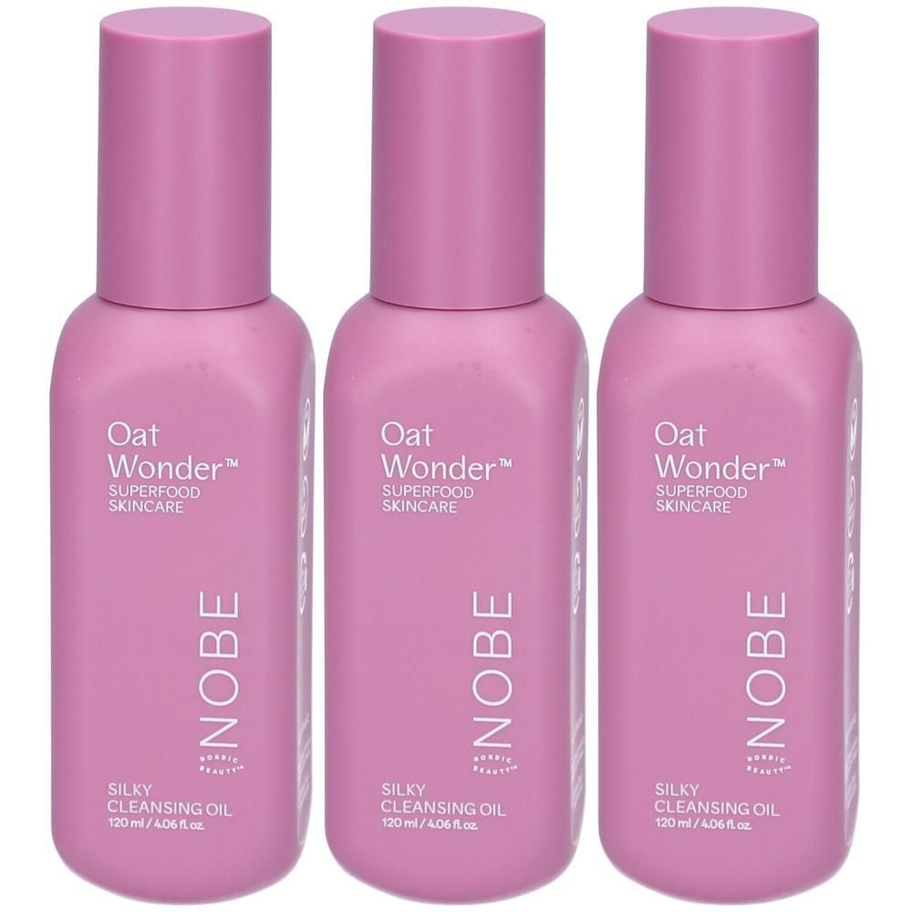 Drei rosa Flaschen NOBE Oat Wonder Silky Cleansing Oil, 120 ml.