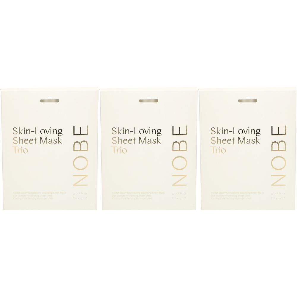 Drei Packungen NOBE Skin-Loving Sheet Mask Trio, weiße Verpackung mit goldener Schrift.