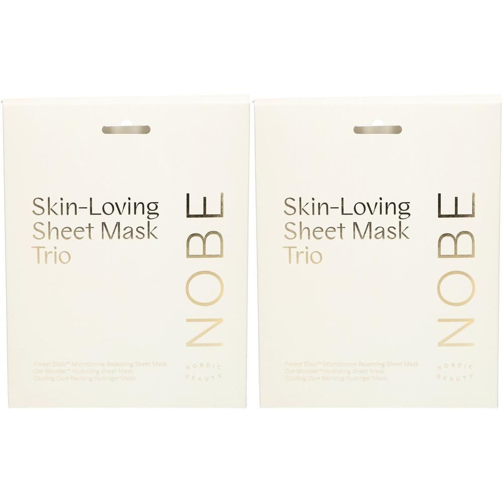 Zwei Packungen NOBE® Skin-Loving Sheet Mask Trio, weiße Verpackung mit goldener Schrift.