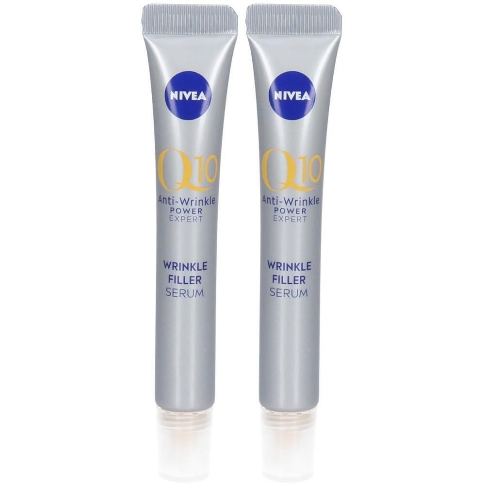 Zwei NIVEA Q10 Anti-Falten Power Expert Falten-Auffüller Seren in silbernen Tuben.