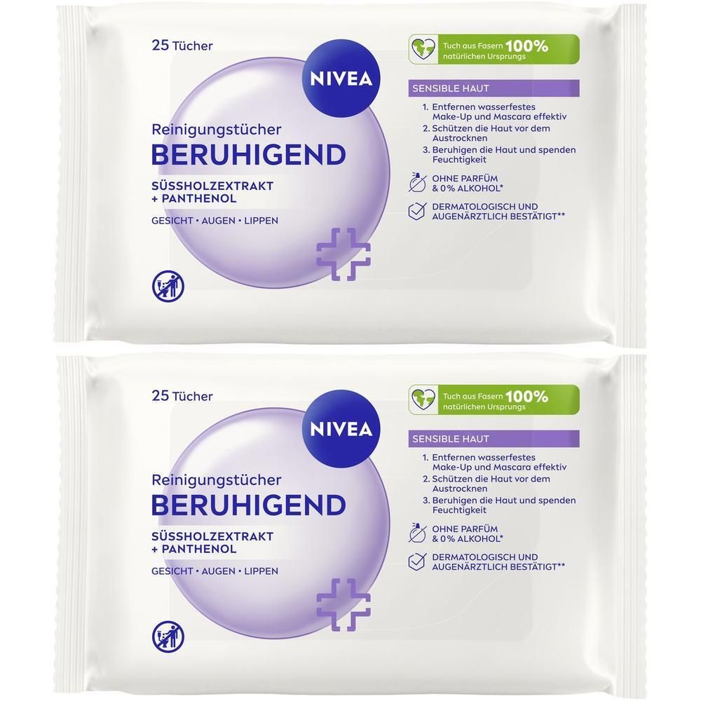 Zwei Packungen NIVEA Reinigungstücher Beruhigend, je 25 Tücher. Für Gesicht, Augen, Lippen. Ohne Parfum & Alkohol.