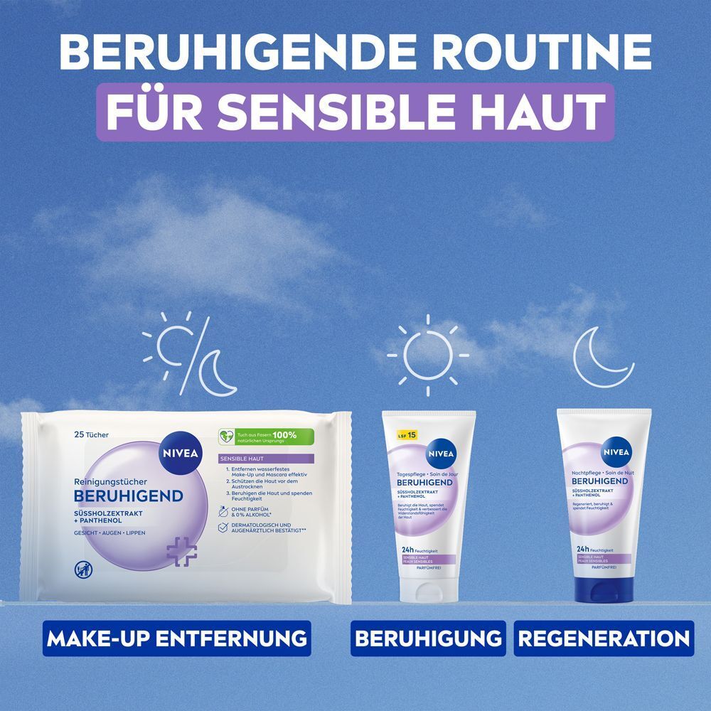 Beruhigende Routine für sensible Haut: NIVEA Reinigungstücher, Gesichtscreme und Nachtpflege. Make-up-Entfernung, Beruhigung, Regeneration.