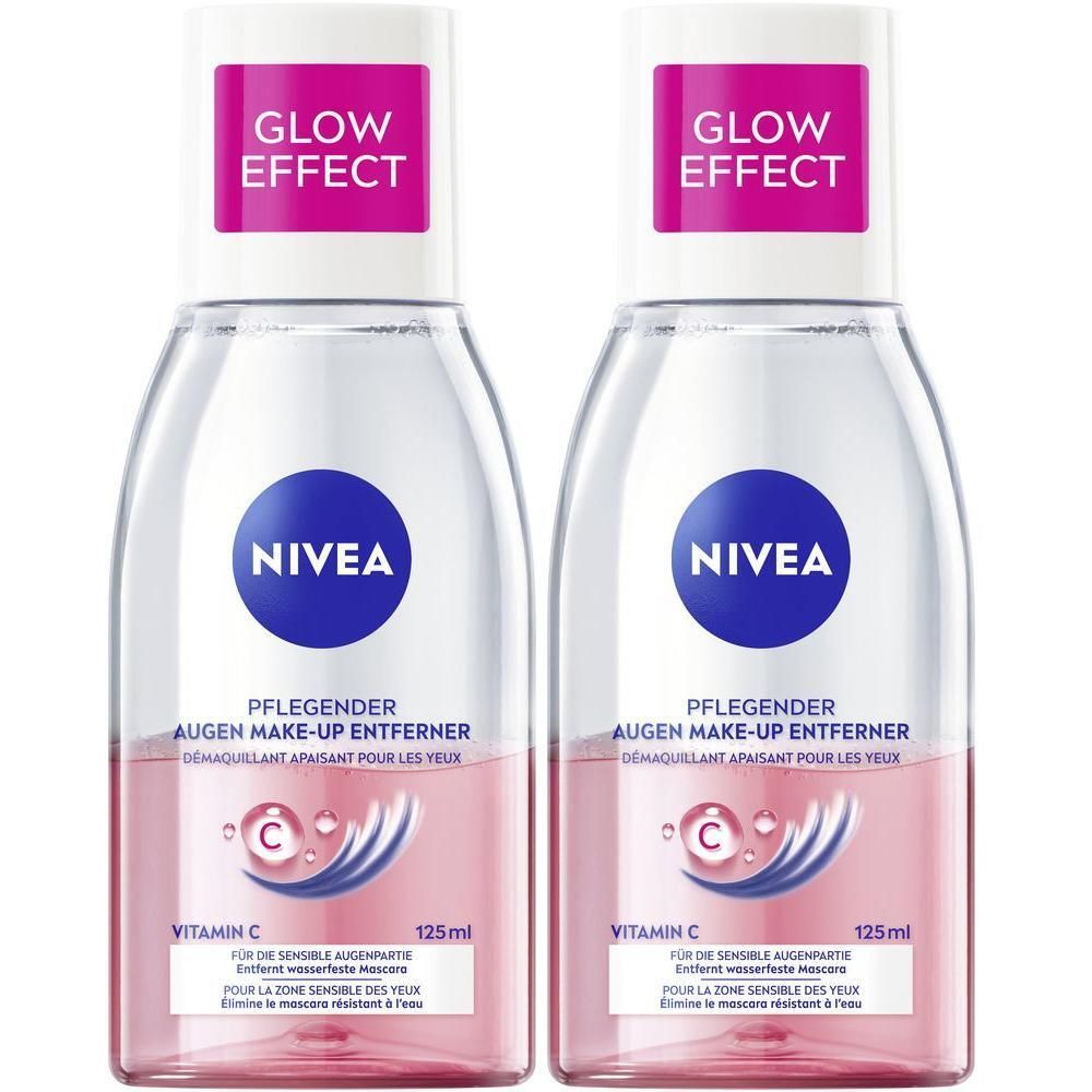 Zwei Flaschen NIVEA Glow Effect Augen Make-up Entferner mit Vitamin C, 125ml.