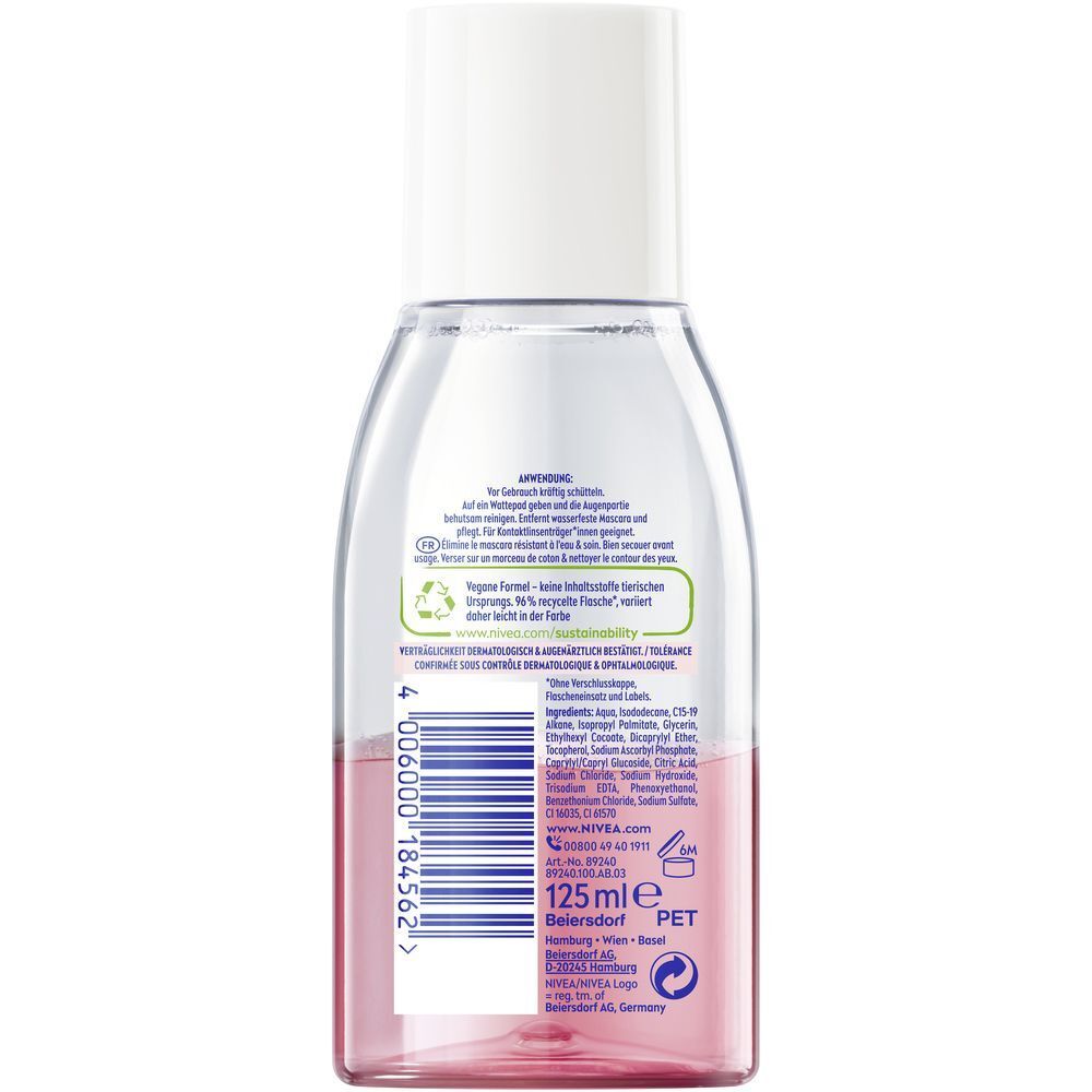 Rückseite einer Flasche NIVEA Glow Effect Augen Make-up Entferner mit Inhaltsstoffen und Recycling-Informationen.