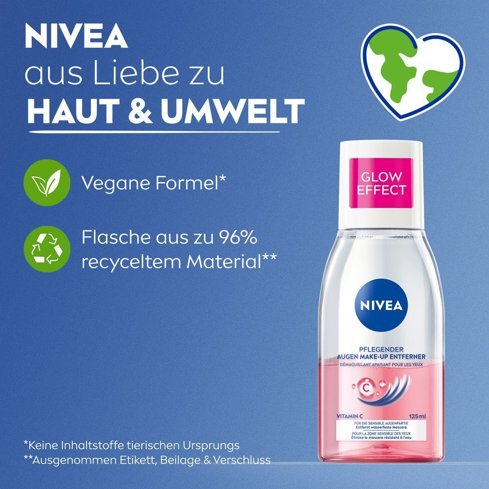 NIVEA Glow Effect Augen Make-up Entferner: Vegane Formel, Flasche aus 96% recyceltem Material.