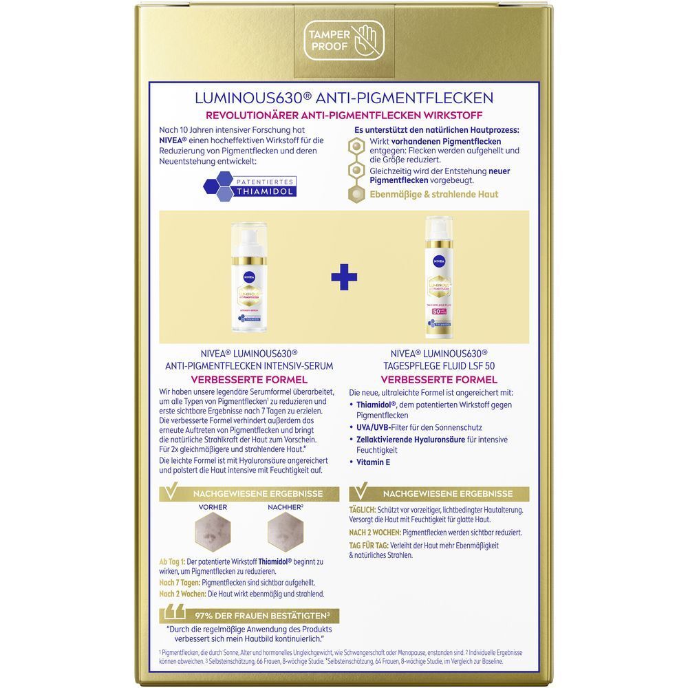 Rückseite einer NIVEA LUMINOUS630® Anti-Pigmentflecken Verpackung mit Produktinformationen und Thiamidol.