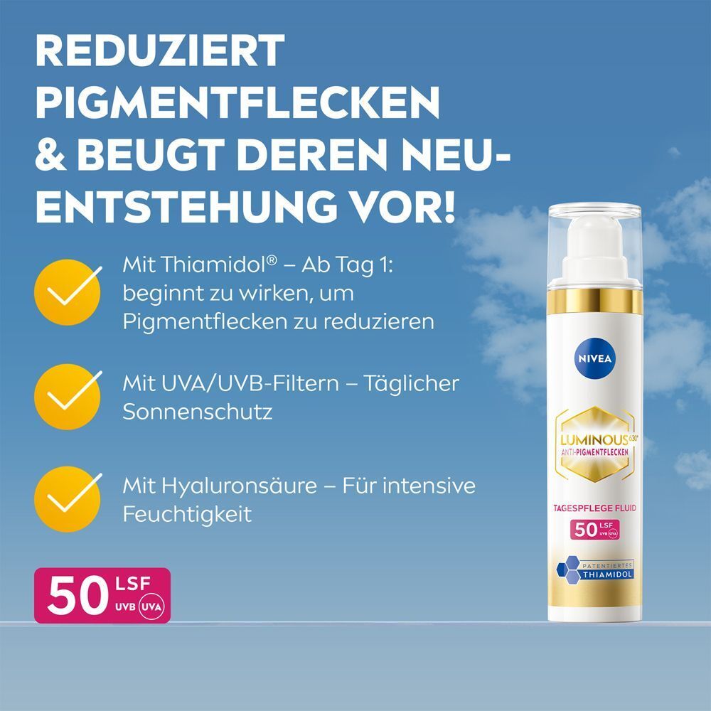 NIVEA LUMINOUS630® Tagespflege Fluid LSF 50 mit Hyaluronsäure und UVA/UVB-Filtern.