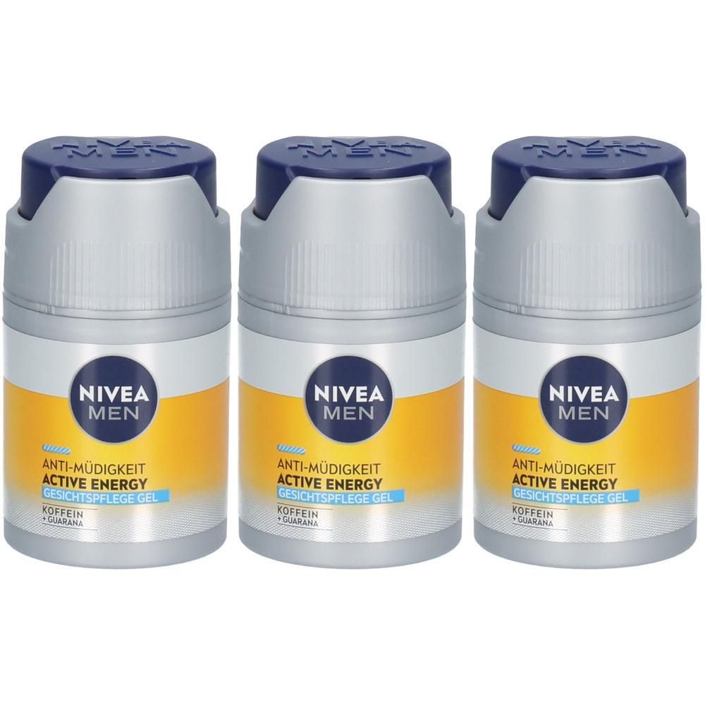 Drei NIVEA MEN Active Energy Gesichtsfluid-Flaschen mit blauem Deckel und gelbem Etikett.