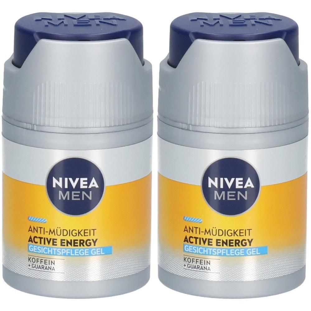 Zwei NIVEA MEN Active Energy Gesichtspflege Gel Flaschen mit blauem Deckel und gelbem Etikett.