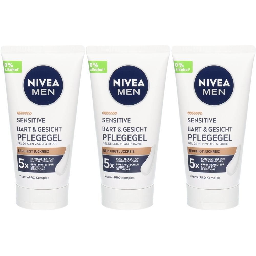 Drei Tuben NIVEA MEN Sensitive Bart & Gesicht Pflegegel. 0% Alkohol.