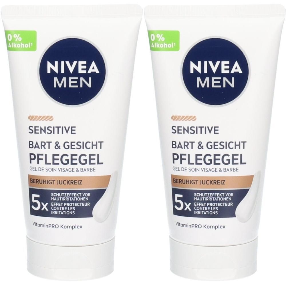 Zwei NIVEA MEN Sensitive Bart & Gesicht Pflegegel Tuben, 0% Alkohol.