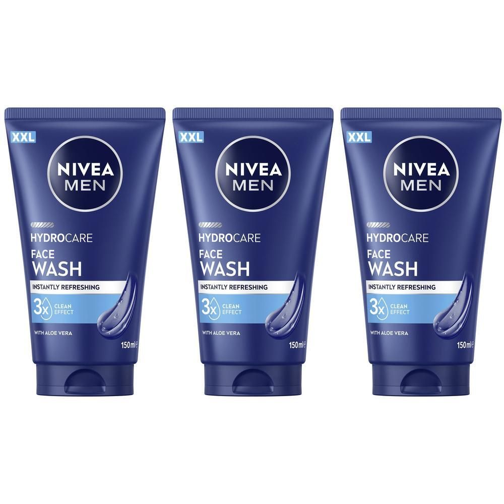 Drei NIVEA MEN HydroCare Gesichtsreiniger in blauen Tuben mit XXL-Aufdruck.