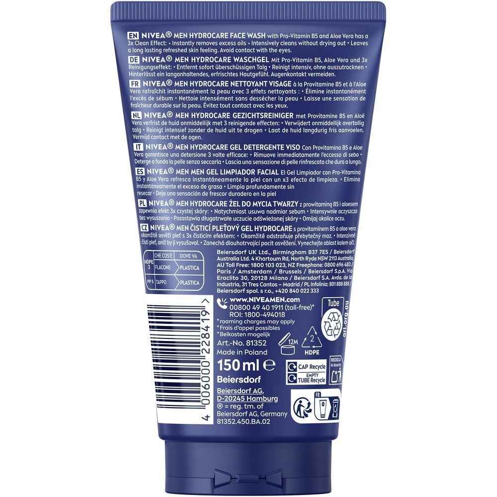 Rückseite einer NIVEA MEN HydroCare Gesichtsreiniger-Tube mit Produktinformationen und Barcode.