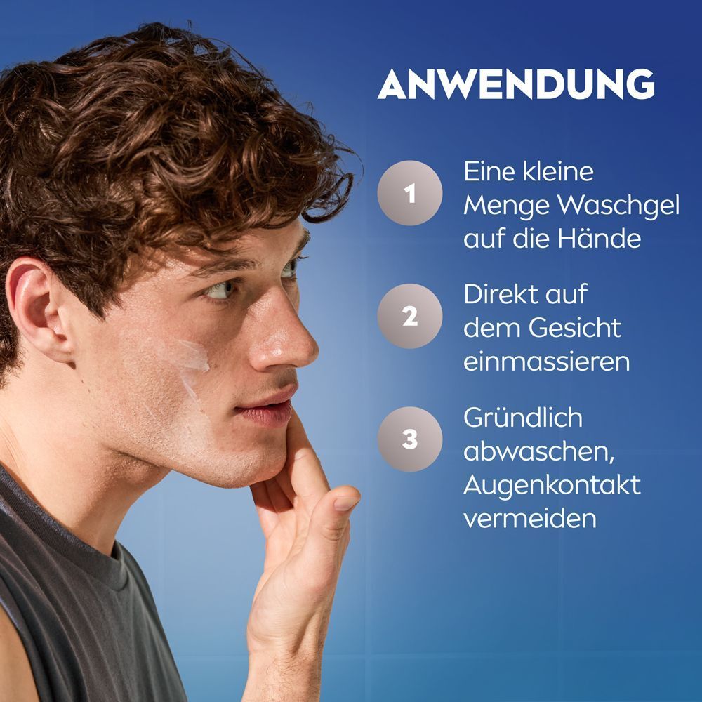 Anwendungsschritte für NIVEA MEN HydroCare Waschgel: Auftragen, einmassieren, abwaschen.