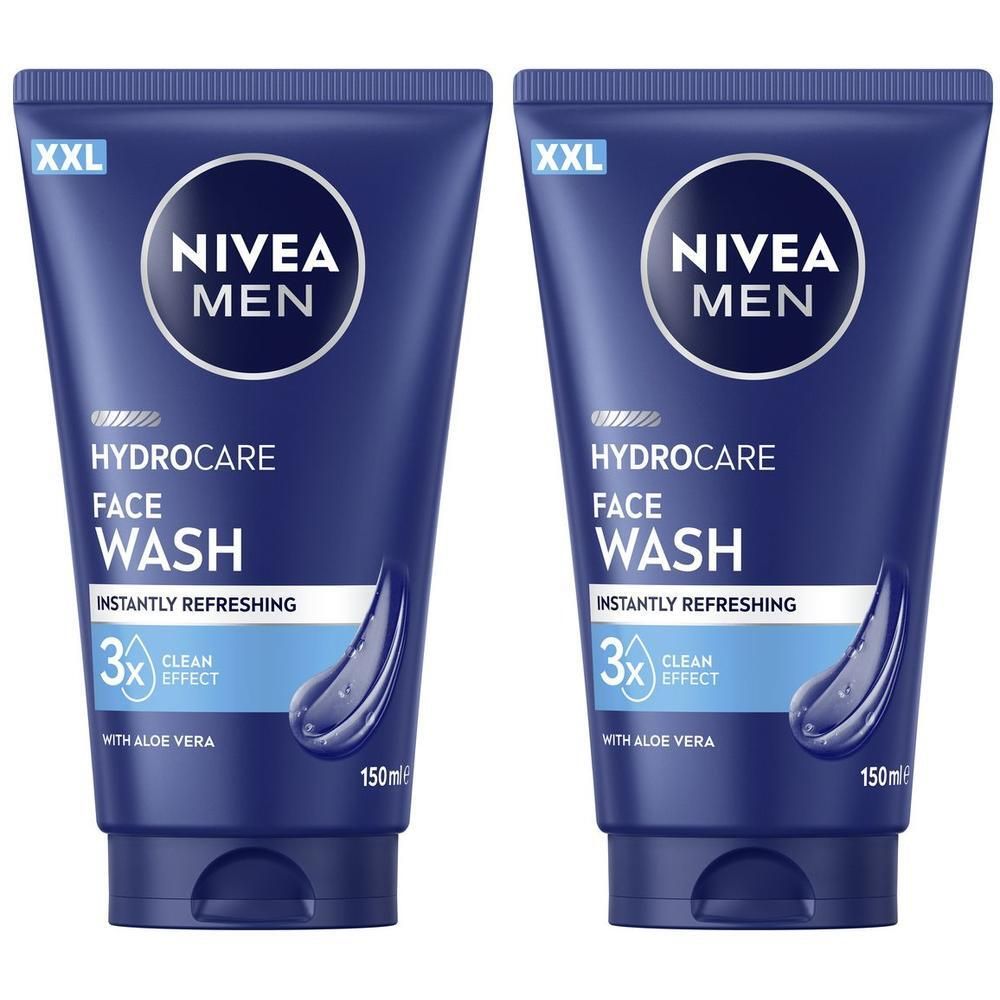 Zwei NIVEA MEN HydroCare Gesichtsreiniger in blauen Tuben mit XXL-Aufdruck.