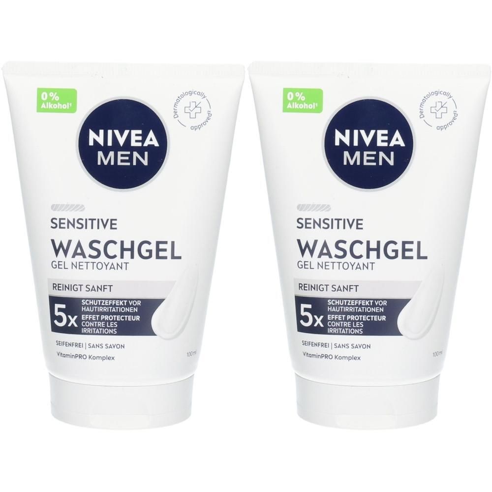 Zwei Tuben NIVEA MEN Sensitive Waschgel, 0% Alkohol, dermatologisch getestet.