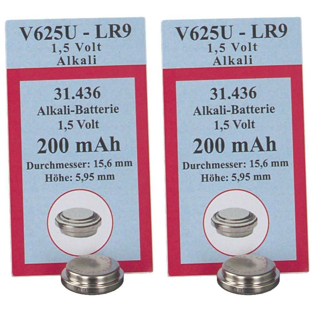 Zwei V625U Alkali-Batterien, 1,5 Volt, 200 mAh. Durchmesser 15,6 mm, Höhe 5,95 mm.