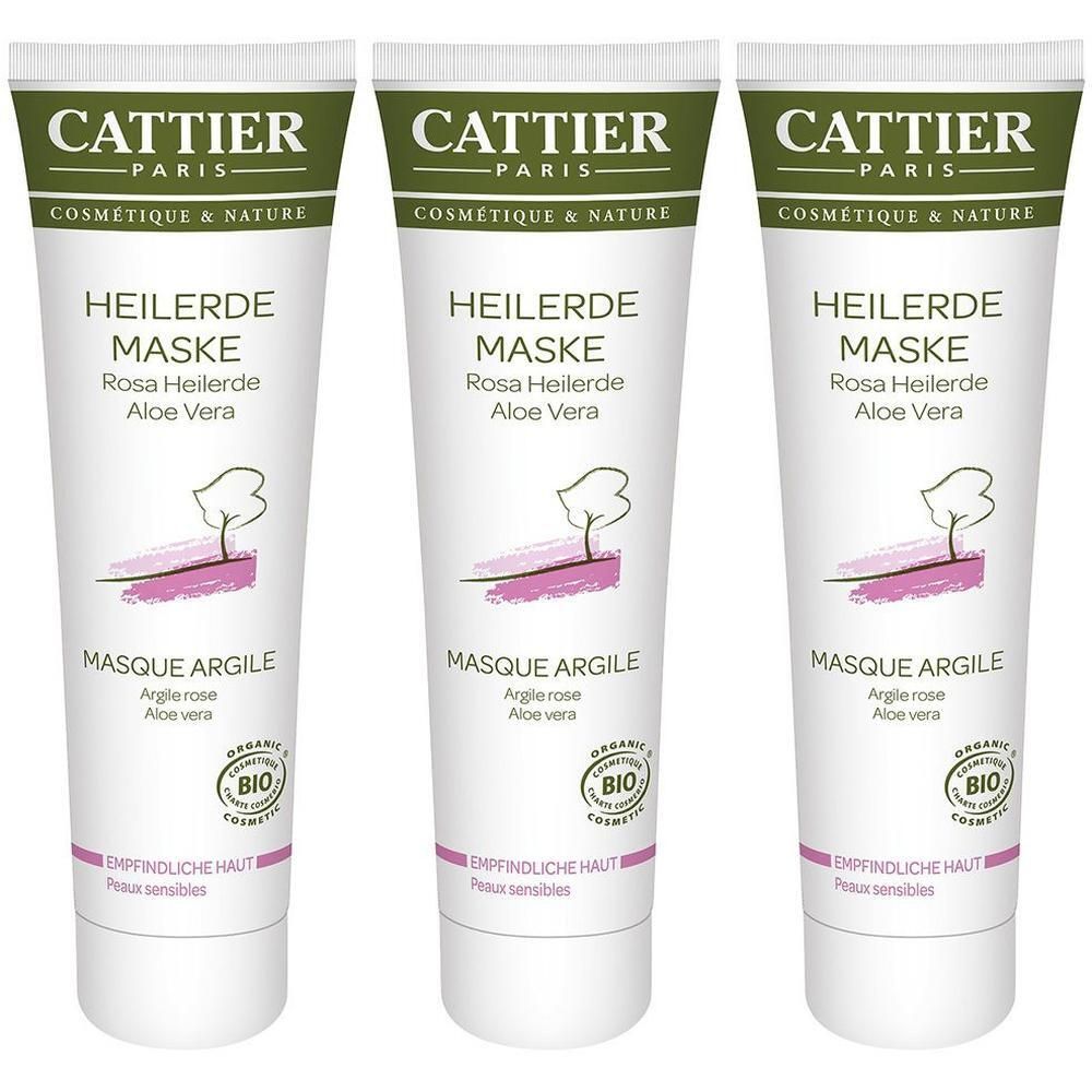 Drei Tuben CATTIER Heilende Maske mit Rosa Heilerde und Aloe Vera für empfindliche Haut.