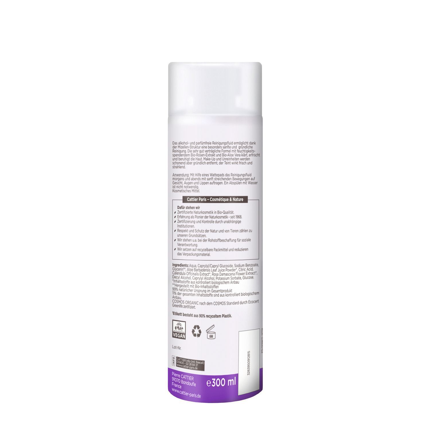 Rückseite einer Flasche Cattier Mizellen Reinigungsfluid mit detaillierten Produktinformationen und Inhaltsstoffen.