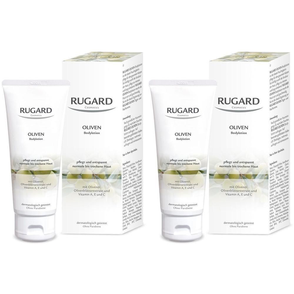Zwei RUGARD Oliven Bodylotion Tuben und Kartons mit Olivenmotiv und Text.