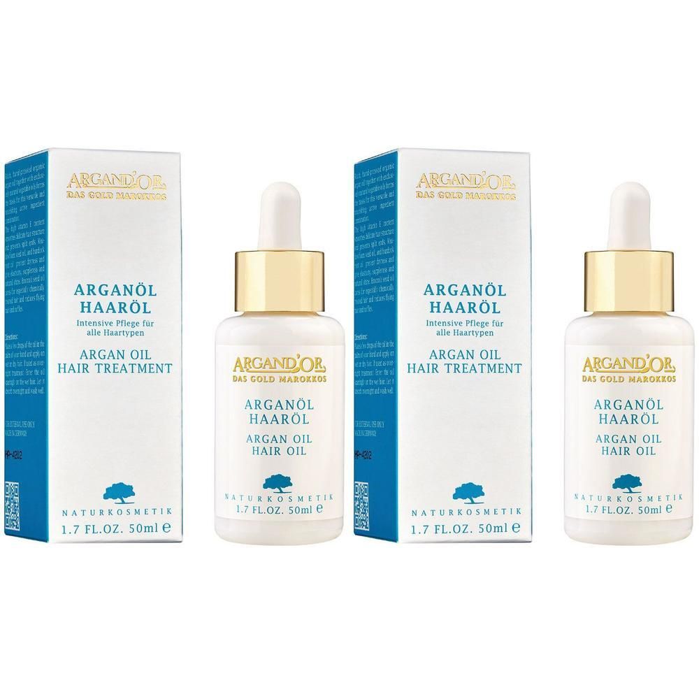 Zwei Flaschen Arganöl Haaröl mit Pipettenverschluss und Faltschachteln. Beschriftung: ARGANDOR, Arganöl Haaröl, Argan Oil Hair Treatment.