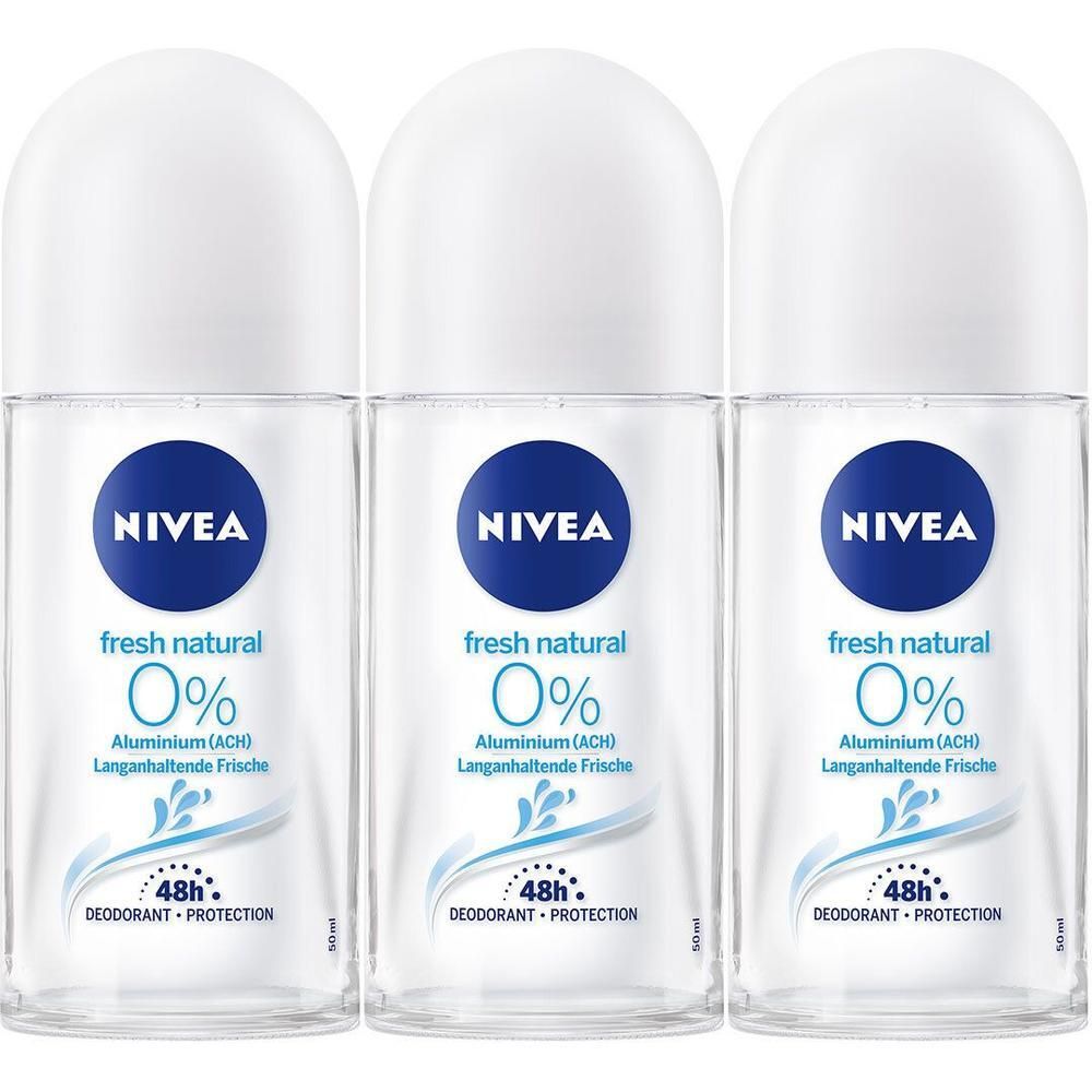Drei NIVEA Fresh Natural Roll-Ons mit 0% Aluminium (ACH) und 48h Deodorant-Schutz.