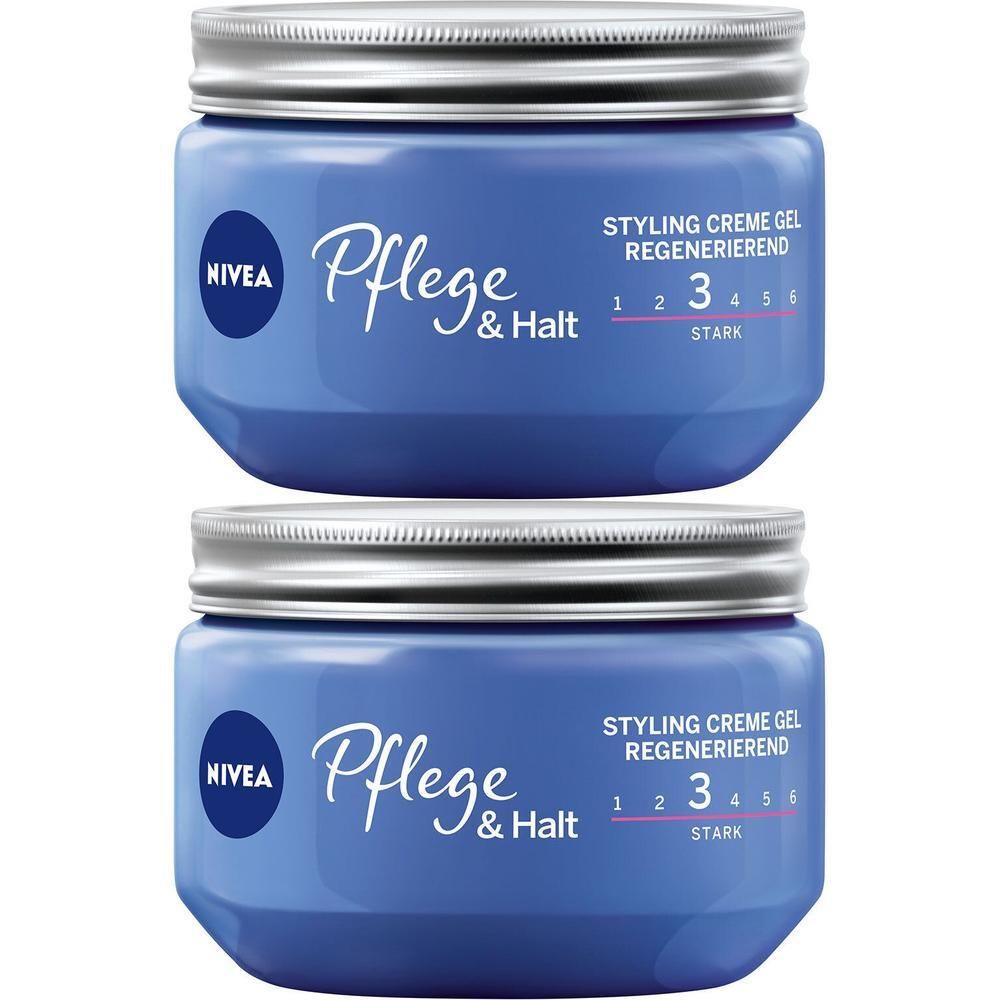 Zwei NIVEA Pflege & Halt Styling Creme Gel Tiegel mit silbernen Schraubverschlüssen.