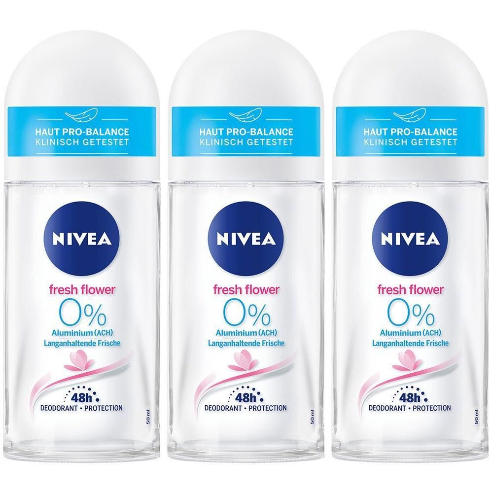 Drei NIVEA Fresh Flower Roll-On Deodorants mit 0% Aluminium.