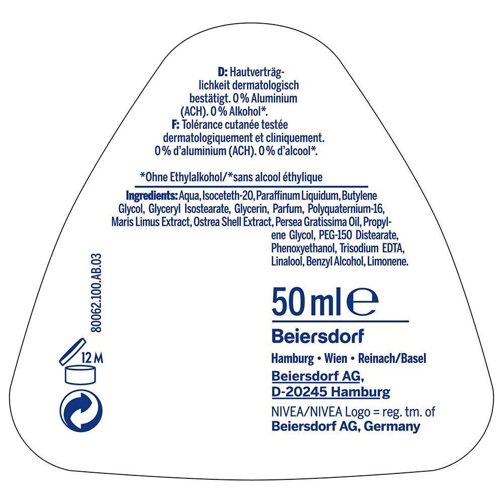 Etikett eines NIVEA Fresh Flower Roll-On Deodorants, 50ml.
