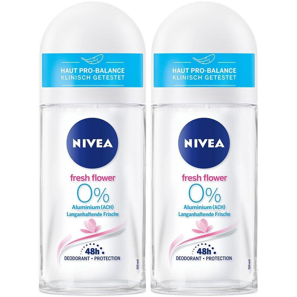 Zwei NIVEA Fresh Flower Roll-Ons mit 0% Aluminium und 48h Schutz.