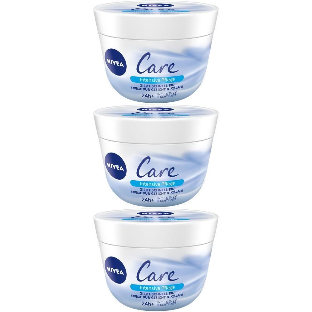 Drei NIVEA Care Intensiv Pflege Cremetiegel mit blau-weißem Etikett.
