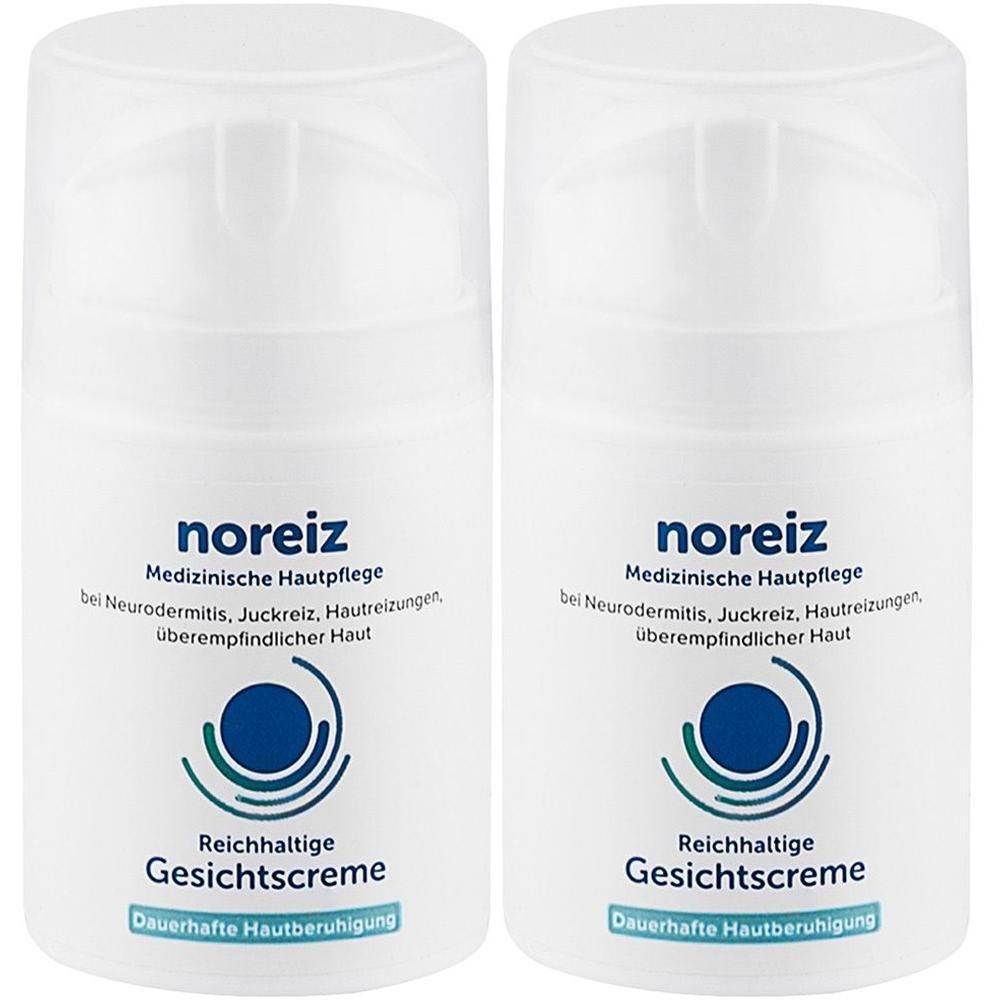 Zwei Flaschen noreiz Reichhaltige Gesichtscreme mit Pumpverschluss. Medizinische Hautpflege für Neurodermitis, Juckreiz und Hautreizungen.