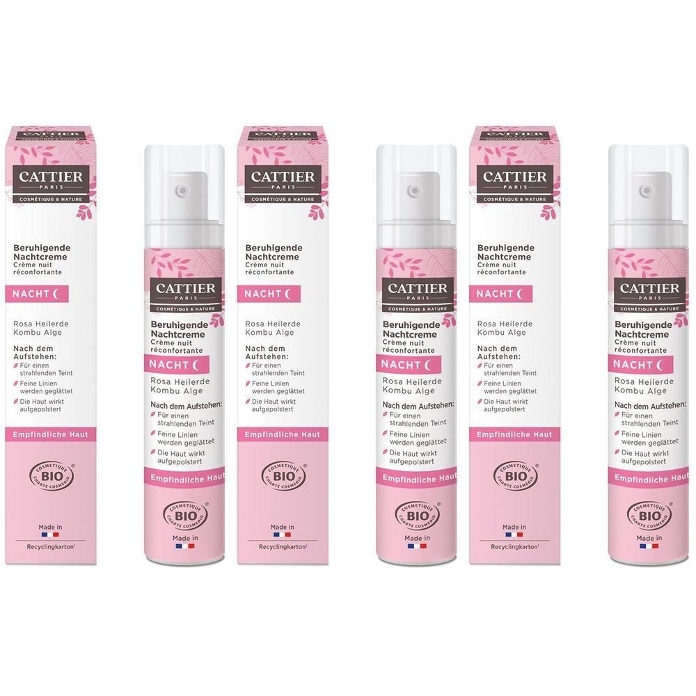 Fünf Flaschen Cattier Beruhigende Nachtcreme mit Pumpspender, rosa Verpackung mit Blattmotiv.