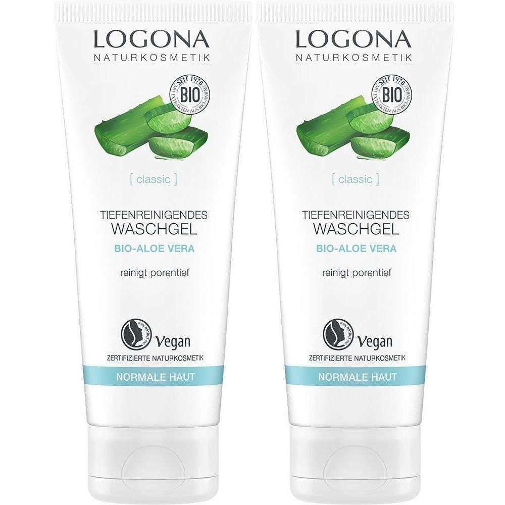Zwei Tuben LOGONA Naturkosmetik Tiefenreinigendes Waschgel mit Bio-Aloe Vera für normale Haut.