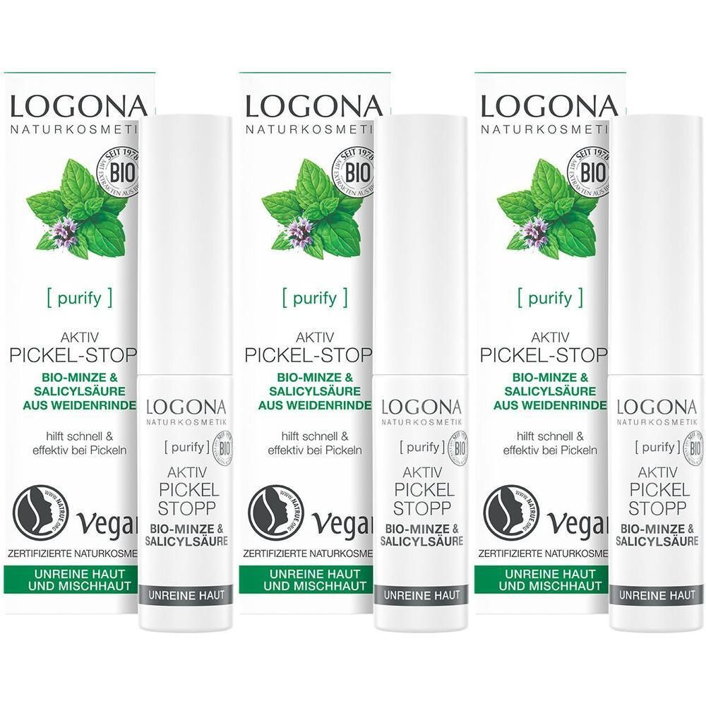 Drei Flaschen LOGONA Aktiv Pickel Stopp mit Bio-Minze & Salicylsäure für unreine Haut.