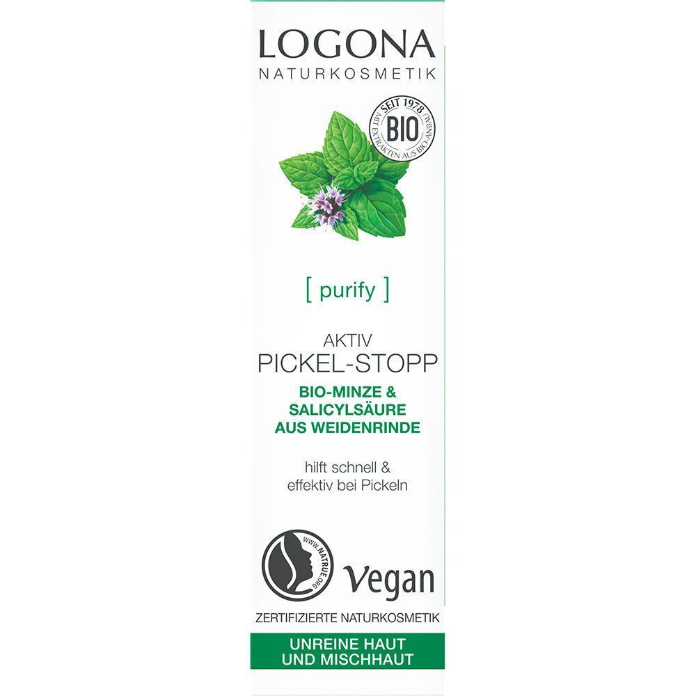 Verpackung LOGONA Aktiv Pickel Stopp mit Minzblatt-Motiv, Bio-Siegel und Vegan-Zertifizierung.
