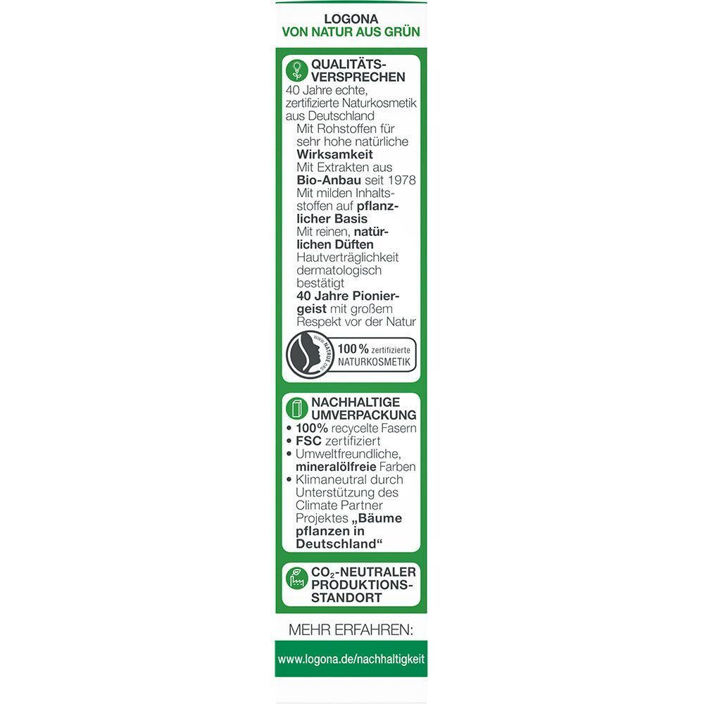 Rückseite der Verpackung LOGONA Aktiv Pickel Stopp mit Informationen zu Inhaltsstoffen und Nachhaltigkeit.