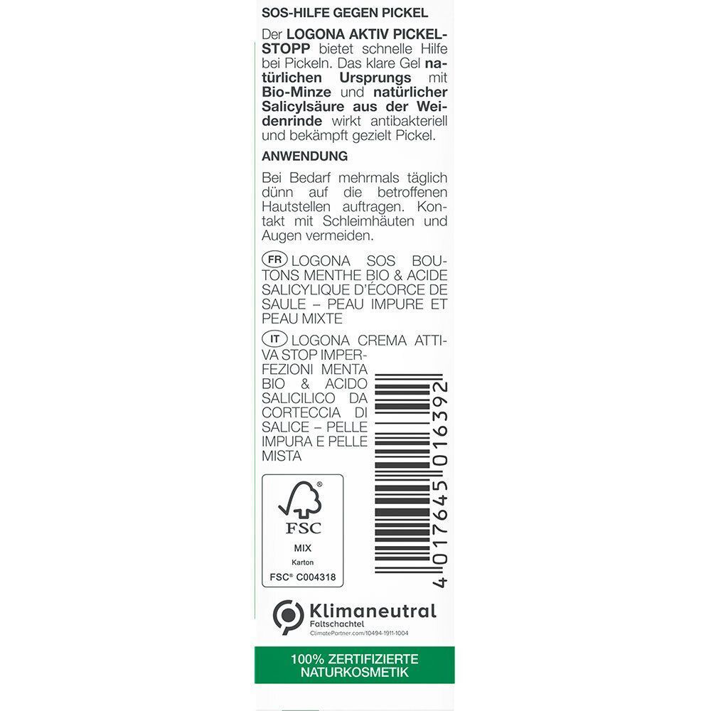 Seitenansicht der Verpackung LOGONA Aktiv Pickel Stopp mit Anwendungshinweisen und Siegeln.