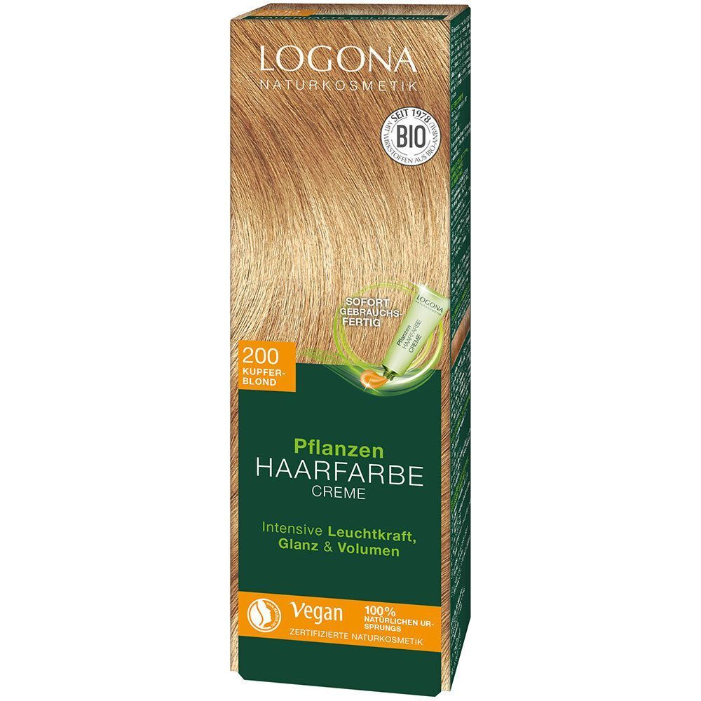 Kartoneinheit LOGONA Pflanzen-Haarfarbe Creme 200 Kupferblond mit Bild einer Frau mit blondem Haar.