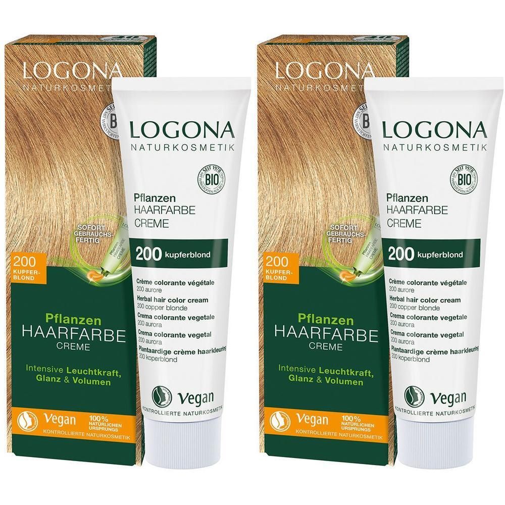 Zwei Packungen LOGONA Pflanzen-Haarfarbe Creme 200 Kupferblond mit je einer Tube und Umverpackung.