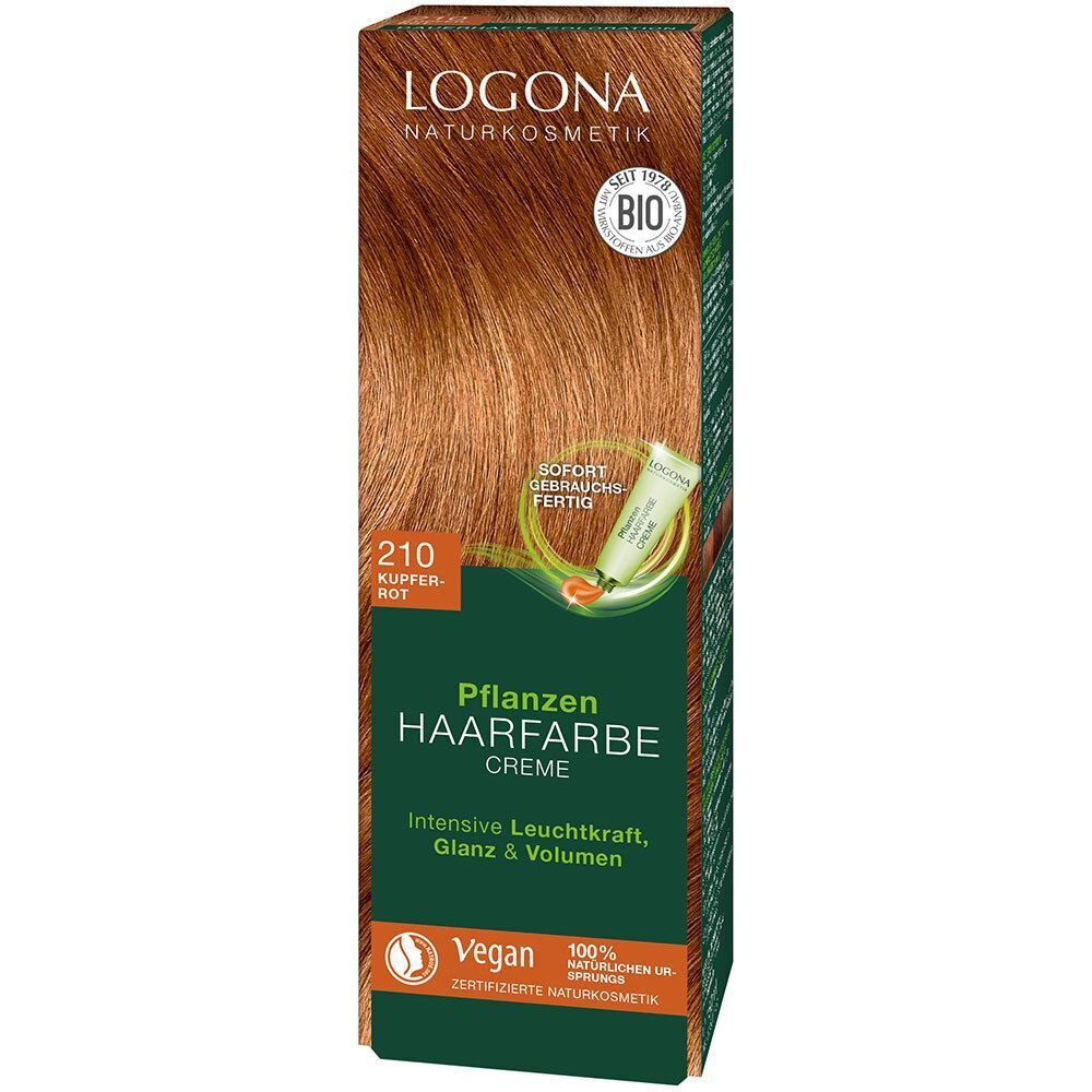 Kartondeckel LOGONA Pflanzen-Haarfarbe Creme 210 Kupferrot mit BIO-Siegel und Vegan-Logo.