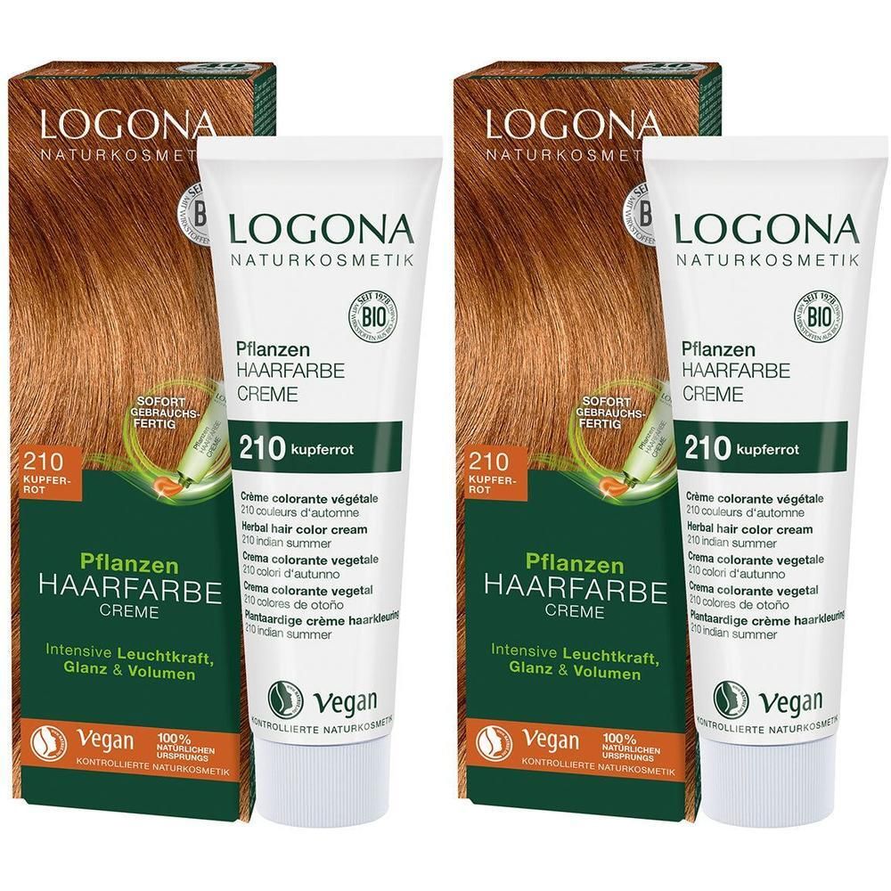 Zwei Packungen LOGONA Pflanzen-Haarfarbe Creme 210 Kupferrot.