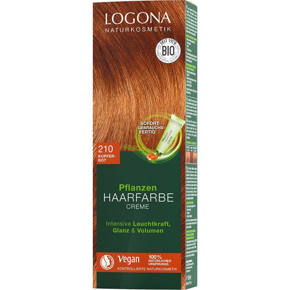 Verpackung LOGONA Pflanzen-Haarfarbe Creme 210 Kupferrot mit Farbabbildung.
