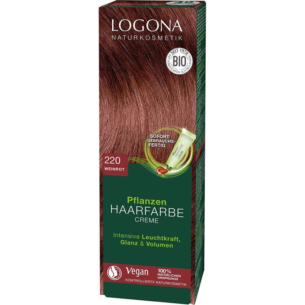 Verpackung LOGONA Pflanzen-Haarfarbe Creme 220 Weinrot. Bild von rotem Haar, Bio-Siegel und Vegan-Logo.