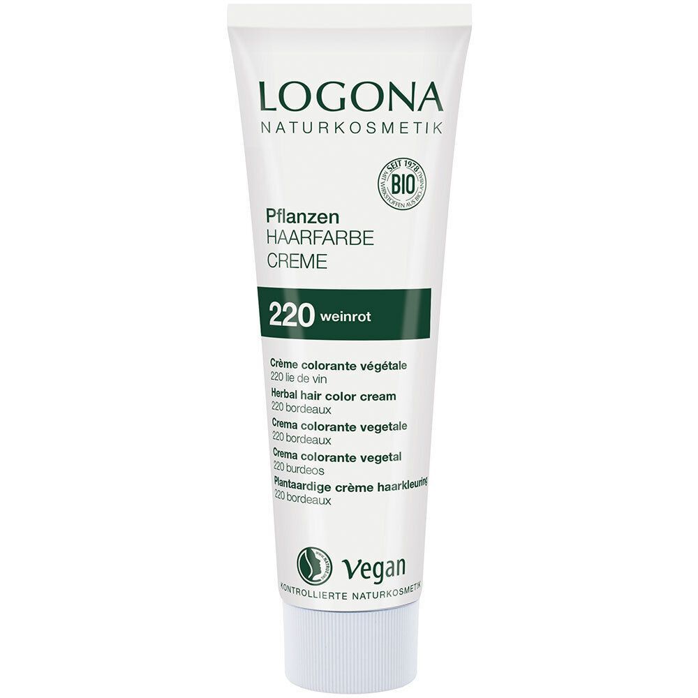 LOGONA Naturkosmetik Pflanzen-Haarfarbe Creme 220 Weinrot in Tube. Mit BIO-Siegel und Vegan-Logo.