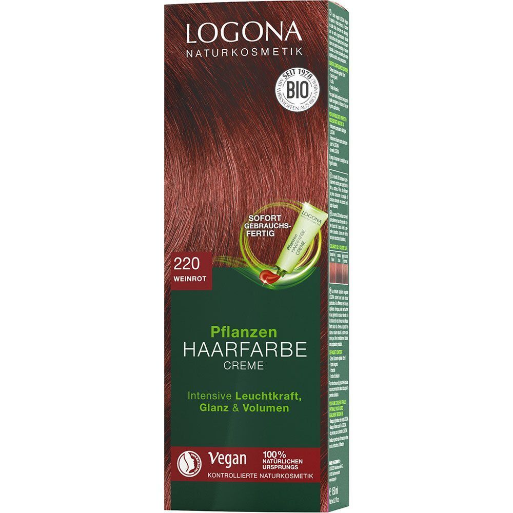 Verpackung LOGONA Pflanzen-Haarfarbe Creme 220 Weinrot. Mit BIO-Siegel, Vegan-Logo und Farbbeispiel.