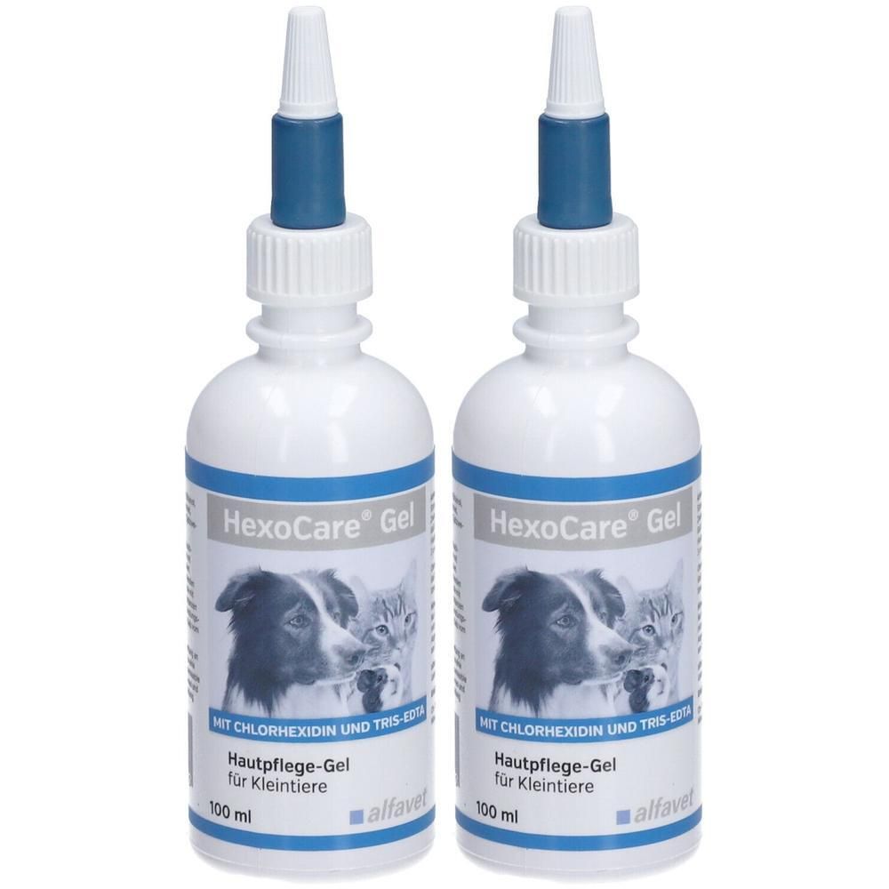 Zwei Flaschen HexoCare® Hautpflege-Gel für Kleintiere mit Applikatorspitze.