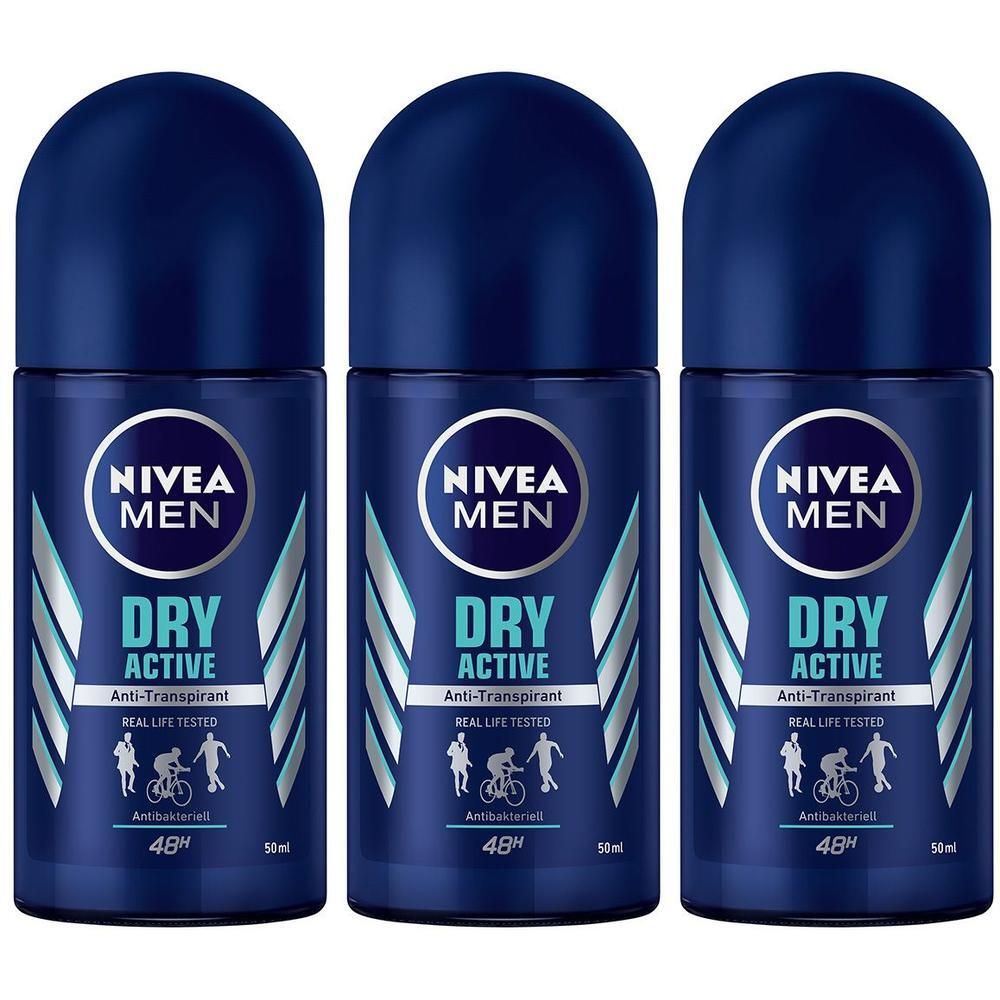 Drei NIVEA MEN Dry Active Anti-Transpirant Roll-ons mit blauen Kappen und Etiketten, die '48h' und 'Real Life Tested' anzeigen.